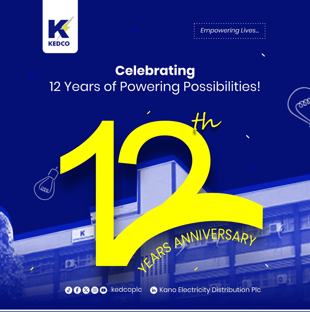 KEDCO is 12! 🎉  
Twelve years of powering lives, growing stronger together, and driving change! 💡  

Thank you to all our amazing customers for being part of this journey.  

Here’s to brighter years ahead with you by our side! 🙌  

#KEDCOat12 
#ThankYou 
#EmpoweringLives