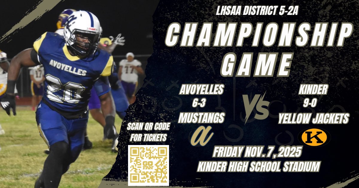 This Friday night, November 7, the Mustangs will travel to Kinder for a week 10 showdown against the Yellow Jackets with the District 5-2A title on the line.  Kickoff is at 7pm.  For tickets, scan the QR code on the flyer below or click this link.

gofan.co/event/4067044?…