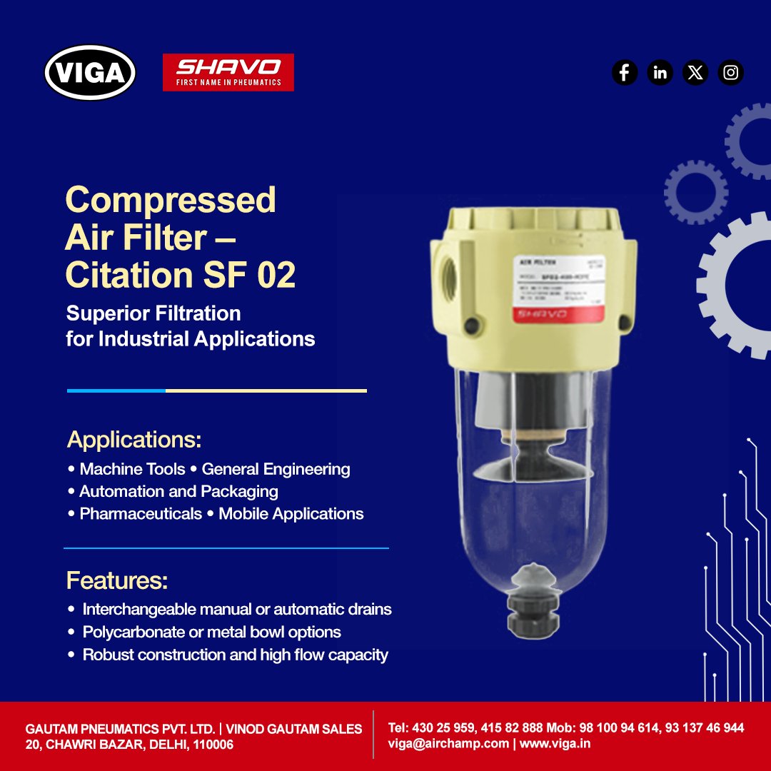 vigadotin's tweet image. Clean air. Clear performance. 💨⚙️
The #SHAVO Citation SF 02, distributed by #VIGA, delivers superior air filtration for demanding industries — with high flow capacity, durable design &amp;amp; pure precision.
#CompressedAirFilter #IndustrialAutomation #EngineeringExcellence #MadeInIndia