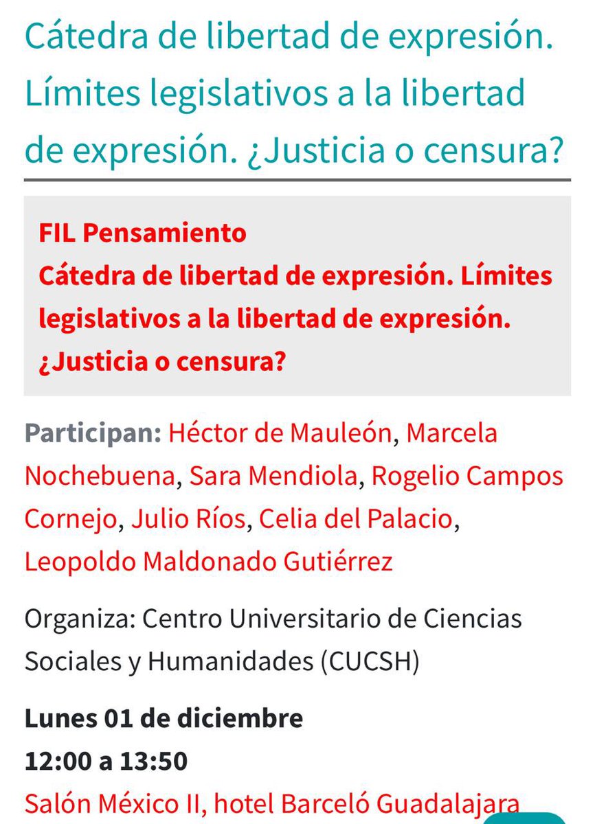 ObservaLibertad's tweet image. 🗓️Reserva la fecha
Cátedra de Libertad de Expresión:
 “Límites legislativos a la libertad de expresión. ¿Justicia o censura?”
📅Lunes 1 de diciembre
🕛12-14 h | 📍 Hotel Barceló, Salón México 2
Con Héctor de Mauleón, Marcela Nochebuena, Sara Mendiola, Leopoldo Maldonado y más.