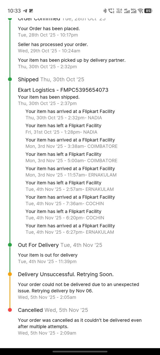 iDeeepak's tweet photo. @ekartlogistics showed my item "out for delivery" at midnight, then "delivery failed" at 2 AM. It "failed" again 5 mins later, then was canceled 5 mins after that for "multiple attempts." This is the THIRD product you've done this with. If you can't deliver, just stop. https://t.co/iRideQitgG