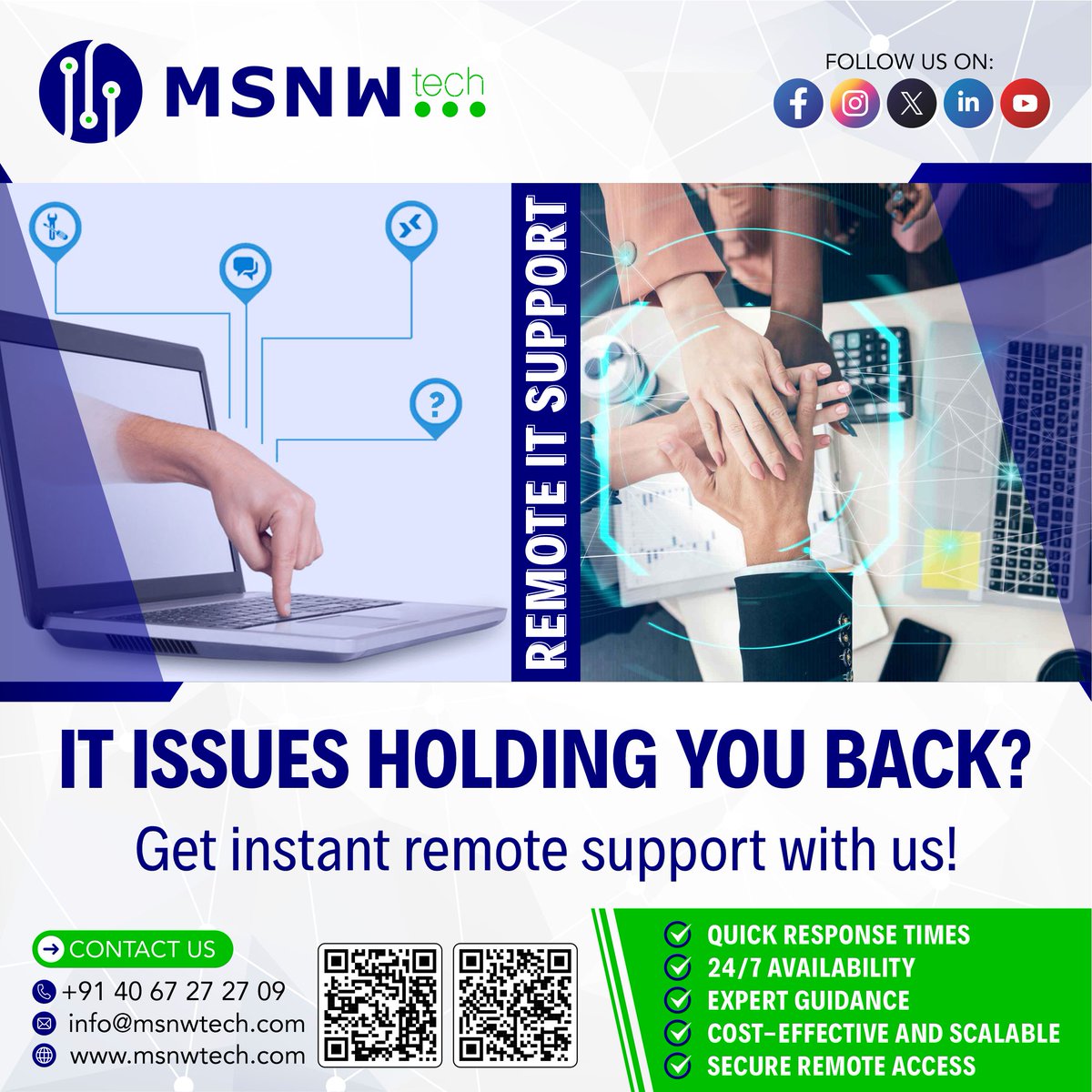 msnwtechpvtltd's tweet image. 🌐IT issues holding you back? Get instant remote support with us! 🚀

📞 Call us today: 88869 13131 | 83415 59649 | 040 67 27 27 09
📧 Email: info@msnwtech.com
📍 Location: Hyderabad, Telangana

#RemoteITSupport #MSNWTech #ITSolutions #TechSupport #BusinessContinuity