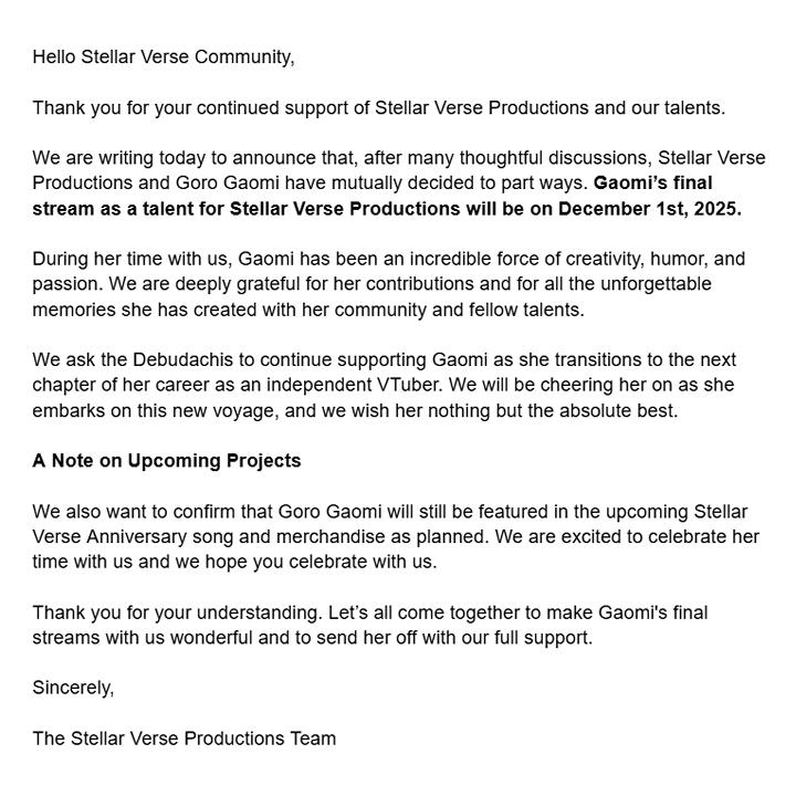 Announcement Regarding Goro Gaomi's Graduation