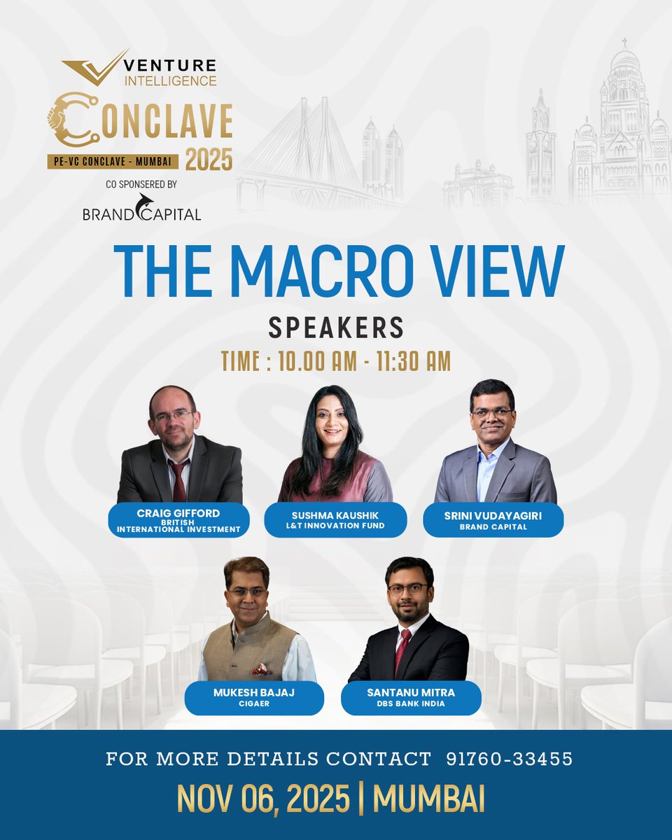 Listen to the top brains in the Inaugural Panel - The Macro View: The Road Ahead at Venture Intelligence PE-VC Conclave on November 6 in Mumbai.

To register click imojo.in/mumbaiconcalve for more details static-site.ventureintelligence.com/conclave25-m/