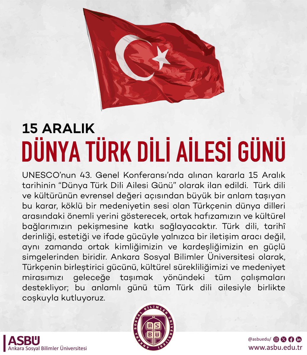 UNESCO tarafından "15 Aralık Dünya Türk Dili Ailesi Günü" olarak ilan edildi.

<a href="/TC_UNESCODT/">Türkiye at UNESCO</a> 
<a href="/UNESCO_Turkey/">UTMK</a> 
<a href="/UNESCO/">UNESCO 🏛️ #Education #Sciences #Culture 🇺🇳</a>
<a href="/TCKulturTurizm/">T.C. Kültür ve Turizm Bakanlığı</a> 
<a href="/TC_Disisleri/">T.C. Dışişleri Bakanlığı</a>