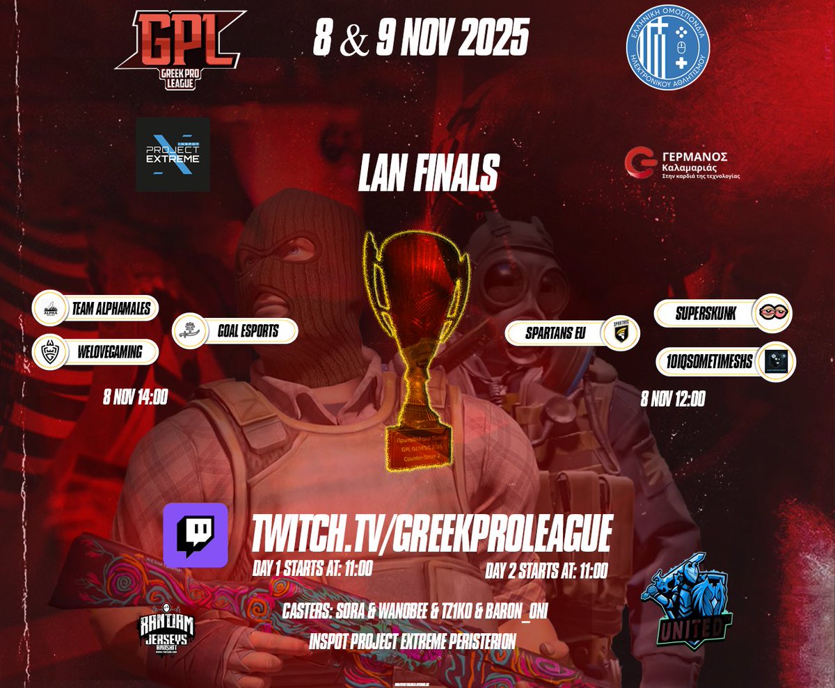 GPL_CS2's tweet image. 🔥 GPL GENESIS LAN FINALS 2025 🔥  
Το CS2 event της χρονιάς έρχεται στην Αθήνα!  
📍 Inspot Project Extreme Περιστερίου  
📅 8-9 Νοεμβρίου  
🎮 Οι κορυφαίες ομάδες συγκρούονται για το τρόπαιο 🏆  

📺 Live: twitch.tv/GreekProLeague  
#GPLGENESIS #CS2 #eSportsGR