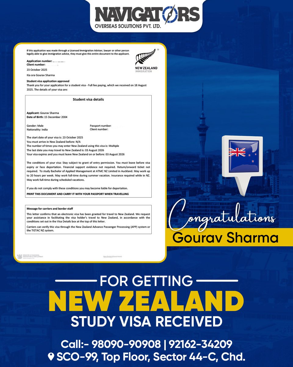 Navigatorsos's tweet image. Big congrats to Gourav Sharma!
Your dream of studying in New Zealand is now a reality.Proud moment for Team Navigators Overseas for helping another student achieve global success!

Call: 98090-90908 | 92162-34209

#StudyAbroad #NewZealandVisa #StudyInNZ #NavigatorsOverseas