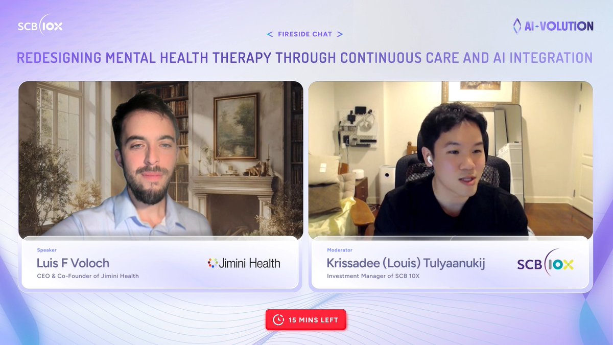 SCB10X_OFFICIAL's tweet image. Key Highlights #AIVOLUTION

Session: Redesigning Mental Health Therapy Through Continuous Care and AI Integration
Luis F Voloch of Jimini Health &amp;amp; Krissadee (Louis) Tulyaanukij of @SCB10X_OFFICIAL

See thread👇