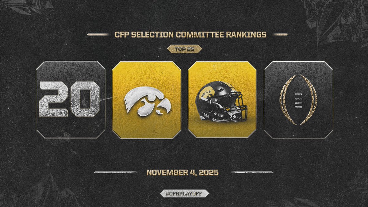 CFBPlayoff's tweet image. November 4️⃣ #CFBPlayoff Selection Committee Rankings 🏈🏆

2️⃣0️⃣. Iowa // @HawkeyeFootball