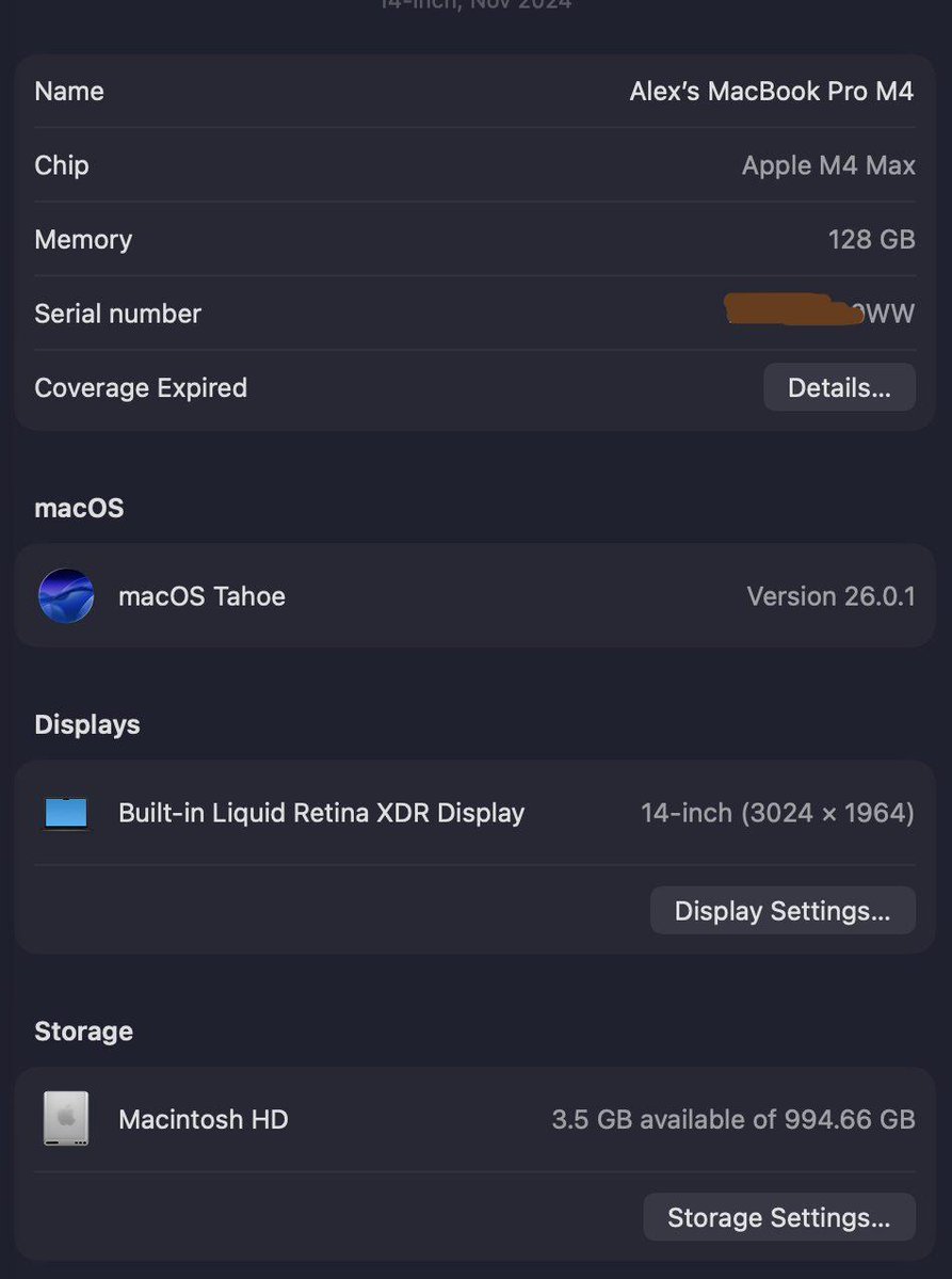 O disco rígido do meu MacBook Pro M4 Max, o melhor da linha, está cheio... Hora de comprar um computador novo.