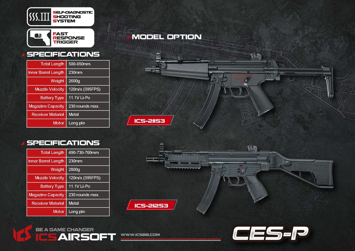 ICSairsoft_JP's tweet photo. /
📢ICS CES-P (MP5) Series ✨
\
■ICS-212S3
CES-P MS1 S3 SFSストック
✅メタルフレーム
✅MRSタクティカルハンドガード
✅SFSストック
✅ショートストロークスイッチ
✅S3電子トリガー
✅全長:730-760mm
✅重量:2800g
📷: IG: alpha___photography
#ICSAIRSOFT
#CESP #MP5 #MP5A5 #サバゲー https://t.co/E5tZkka6jf