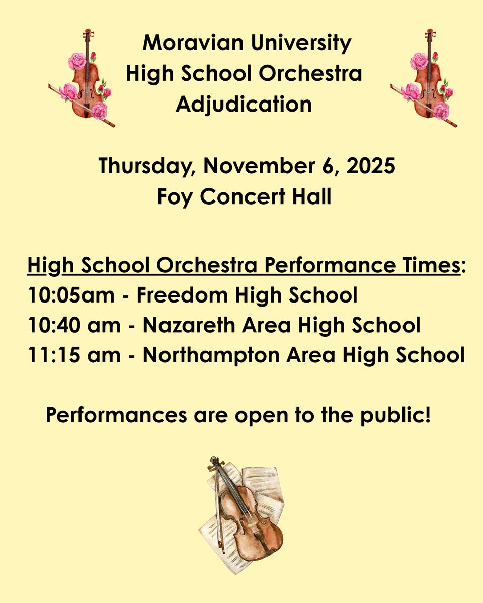 Come see the Nazareth 🟦🦅🎻 Orchestra perform as part of the Moravian University HS Orchestra Adjudication on Thursday, November 6th.