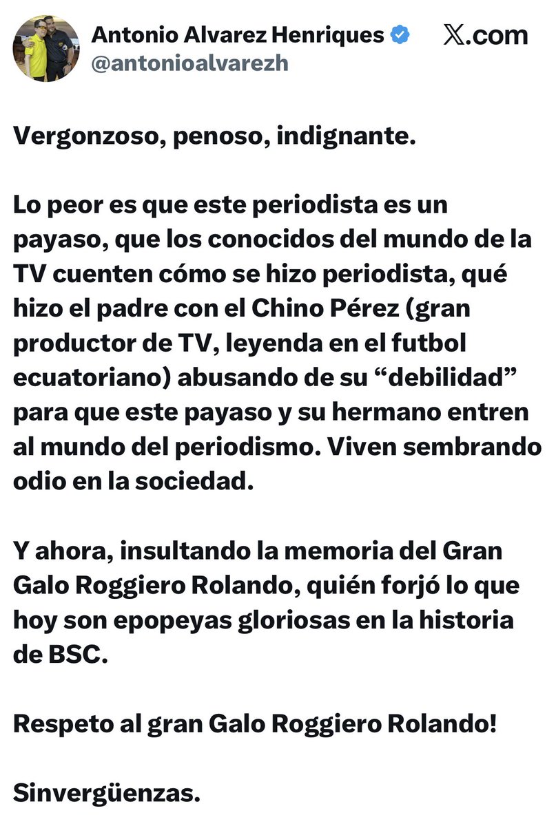 Vergonzoso? Indignante? 
Lee tu mensaje <a href="/antonioalvarezh/">Antonio Alvarez Henriques</a> y verás que lo realmente indignante y asqueroso es que tengas la cobardía de usar a Don Pancho y al Chino, para un ataque personal, con algo tan ruin y falso como lo que pretendes insinuar. Aprende a no usar a gente