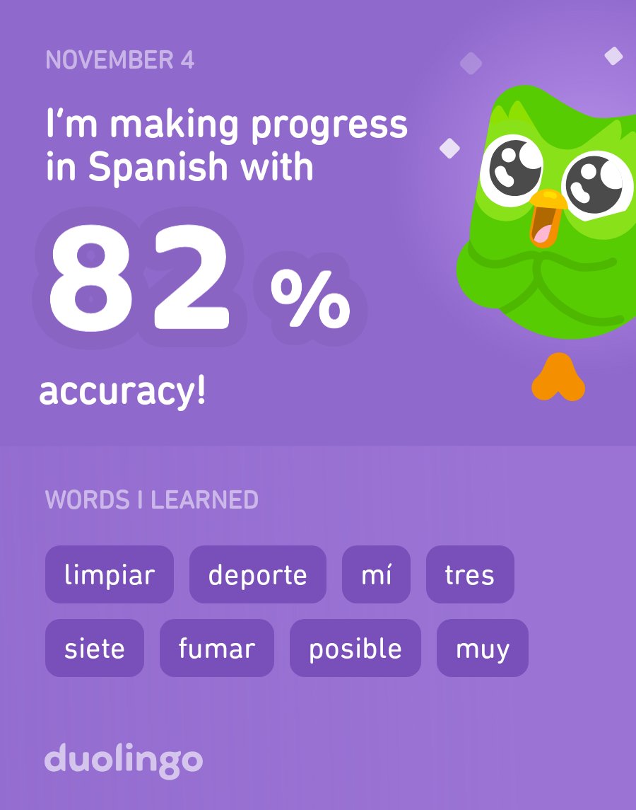 Deborum's tweet image. I’m learning Spanish on Duolingo! It’s free, fun, and effective.