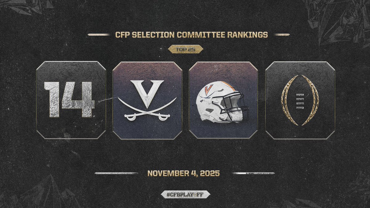 <a href="/Vol_Football/">Tennessee Football</a> <a href="/Vol_Sports/">Tennessee Athletics</a> <a href="/UTKnoxville/">UT Knoxville</a> <a href="/SEC/">Southeastern Conference</a> <a href="/2026Miamihc/">2026 Miami Host Committee</a> <a href="/Pitt_FB/">Pitt Football</a> <a href="/PittTweet/">University of Pittsburgh</a> <a href="/Pitt_ATHLETICS/">Pitt Panthers</a> <a href="/theACC/">The ACC</a> <a href="/UW_Football/">Washington Football</a> <a href="/UW/">University of Washington</a> <a href="/UWAthletics/">Washington Athletics</a> <a href="/bigten/">Big Ten Conference</a> <a href="/MizzouFootball/">Mizzou Football</a> <a href="/Mizzou/">Mizzou</a> <a href="/MizzouAthletics/">Mizzou Athletics</a> <a href="/UMichFootball/">Michigan Football</a> <a href="/UMich/">University of Michigan</a> <a href="/UMichAthletics/">Michigan Athletics 〽️</a> <a href="/HawkeyeFootball/">Hawkeye Football</a> <a href="/TheIowaHawkeyes/">The Iowa Hawkeyes</a> <a href="/uiowa/">University of Iowa</a> <a href="/uscfb/">USC Football ✌️</a> <a href="/USC_Athletics/">USC Trojans</a> <a href="/CanesFootball/">Miami Hurricanes Football</a> <a href="/MiamiHurricanes/">Miami Hurricanes</a> <a href="/univmiami/">University of Miami</a> <a href="/GeorgiaTechFB/">Georgia Tech Football</a> <a href="/GeorgiaTech/">Georgia Tech</a> <a href="/GTAthletics/">Georgia Tech Yellow Jackets</a> <a href="/VandyFootball/">#16 Vanderbilt Football</a> <a href="/VanderbiltU/">Vanderbilt University</a> <a href="/vucommodores/">Vanderbilt Athletics</a> <a href="/LouisvilleFB/">Louisville Football</a> <a href="/GoCards/">Louisville Athletics</a> <a href="/uofl/">University of Louisville</a> November 4️⃣ #CFBPlayoff Selection Committee Rankings 🏈🏆

1️⃣4️⃣. Virginia // <a href="/UVAFootball/">Virginia Football</a>