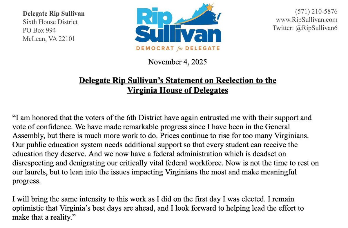 I am honored the 6th District voters have entrusted me with another term. I am as eager as I was on my first day in the General Assembly to serve and move Virginia forward.