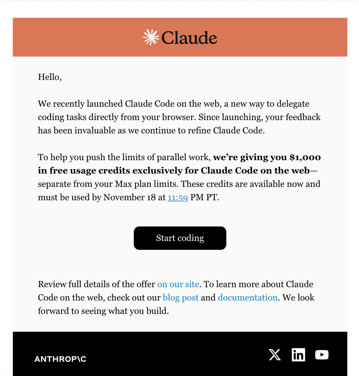 Claude 突然大方了起来，送了 1000 美元的 web Claude code 额度，在 11 月 18 号之前可以用，可以连接 github 仓库，看起来还不错