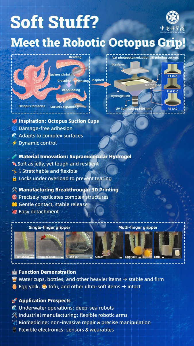 CAS__Science's tweet image. 🐙 Egg yolk? Intact.
This 3D-printed hydrogel suction cup — inspired by octopus suckers — can lift ultra-soft objects without a scratch.

Built by researchers at the Lanzhou Institute of Chemical Physics, CAS.
Soft. Smart. Strong.

Read more: link.springer.com/article/10.100…

#CAS #LICP…