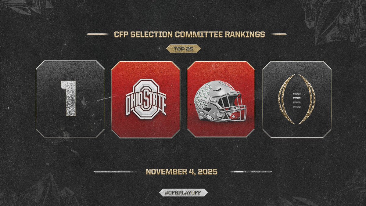 <a href="/Vol_Football/">Tennessee Football</a> <a href="/Vol_Sports/">Tennessee Athletics</a> <a href="/UTKnoxville/">UT Knoxville</a> <a href="/SEC/">Southeastern Conference</a> <a href="/2026Miamihc/">2026 Miami Host Committee</a> <a href="/Pitt_FB/">Pitt Football</a> <a href="/PittTweet/">University of Pittsburgh</a> <a href="/Pitt_ATHLETICS/">Pitt Panthers</a> <a href="/theACC/">The ACC</a> <a href="/UW_Football/">Washington Football</a> <a href="/UW/">University of Washington</a> <a href="/UWAthletics/">Washington Athletics</a> <a href="/bigten/">Big Ten Conference</a> <a href="/MizzouFootball/">Mizzou Football</a> <a href="/Mizzou/">Mizzou</a> <a href="/MizzouAthletics/">Mizzou Athletics</a> <a href="/UMichFootball/">Michigan Football</a> <a href="/UMich/">University of Michigan</a> <a href="/UMichAthletics/">Michigan Athletics 〽️</a> <a href="/HawkeyeFootball/">Hawkeye Football</a> <a href="/TheIowaHawkeyes/">The Iowa Hawkeyes</a> <a href="/uiowa/">University of Iowa</a> <a href="/uscfb/">USC Football ✌️</a> <a href="/USC_Athletics/">USC Trojans</a> <a href="/CanesFootball/">Miami Hurricanes Football</a> <a href="/MiamiHurricanes/">Miami Hurricanes</a> <a href="/univmiami/">University of Miami</a> <a href="/GeorgiaTechFB/">Georgia Tech Football</a> <a href="/GeorgiaTech/">Georgia Tech</a> <a href="/GTAthletics/">Georgia Tech Yellow Jackets</a> <a href="/VandyFootball/">#14 Vanderbilt Football</a> <a href="/VanderbiltU/">Vanderbilt University</a> <a href="/vucommodores/">Vanderbilt Athletics</a> <a href="/LouisvilleFB/">Louisville Football</a> <a href="/GoCards/">Louisville Athletics</a> <a href="/uofl/">University of Louisville</a> <a href="/UVAFootball/">Virginia Football</a> <a href="/VirginiaSports/">Virginia Cavaliers</a> <a href="/UVA/">UVA</a> <a href="/Utah_Football/">Utah Football</a> <a href="/UUtah/">University of Utah</a> <a href="/utahathletics/">Utah Athletics</a> <a href="/Big12Conference/">Big 12 Conference</a> <a href="/OU_Football/">Oklahoma Football</a> <a href="/OU_Athletics/">Oklahoma Sooners</a> <a href="/UofOklahoma/">University of Oklahoma</a> <a href="/TexasFootball/">Texas Football</a> <a href="/TexasLonghorns/">Texas Longhorns</a> <a href="/UTAustin/">UT Austin</a> November 4️⃣ #CFBPlayoff Selection Committee Rankings 🏈🏆

1️⃣. Ohio State // <a href="/OhioStateFB/">Ohio State Football</a>