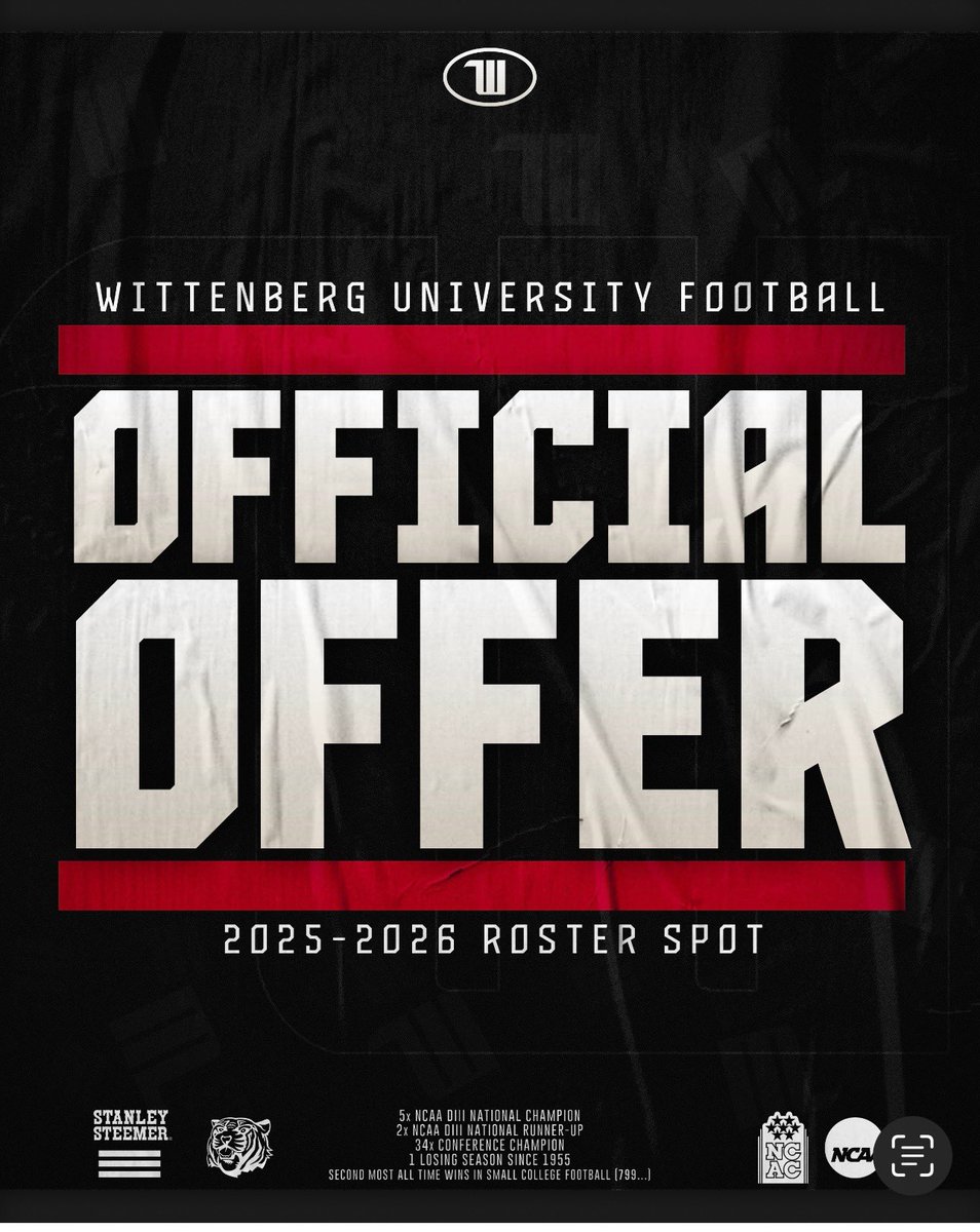 Blessed to receive an offer from Wittenberg University!!!🔴⚪️⚫️
<a href="/georgiadeac10/">Coach KP</a> <a href="/coachjchastain/">Coach J. Chastain</a> <a href="/RecruitGeorgia/">Recruit Georgia</a> <a href="/247recruiting/">247Sports Recruiting</a>