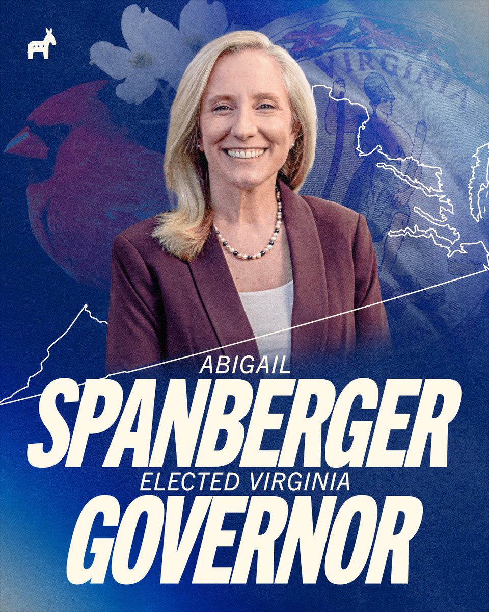 TheDemocrats's tweet image. Virginia just flipped the governor&apos;s seat from red to blue. Congratulations @SpanbergerForVA!