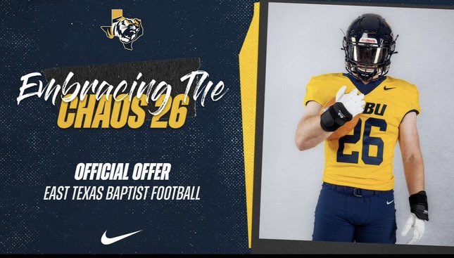 ColeTaylor2026's tweet photo. Blessed to receive an offer from @ETBU_Football !! @JebSpinney @PF_HighFootball @PHSCoachTaylor https://t.co/ODTwnmPHwg
