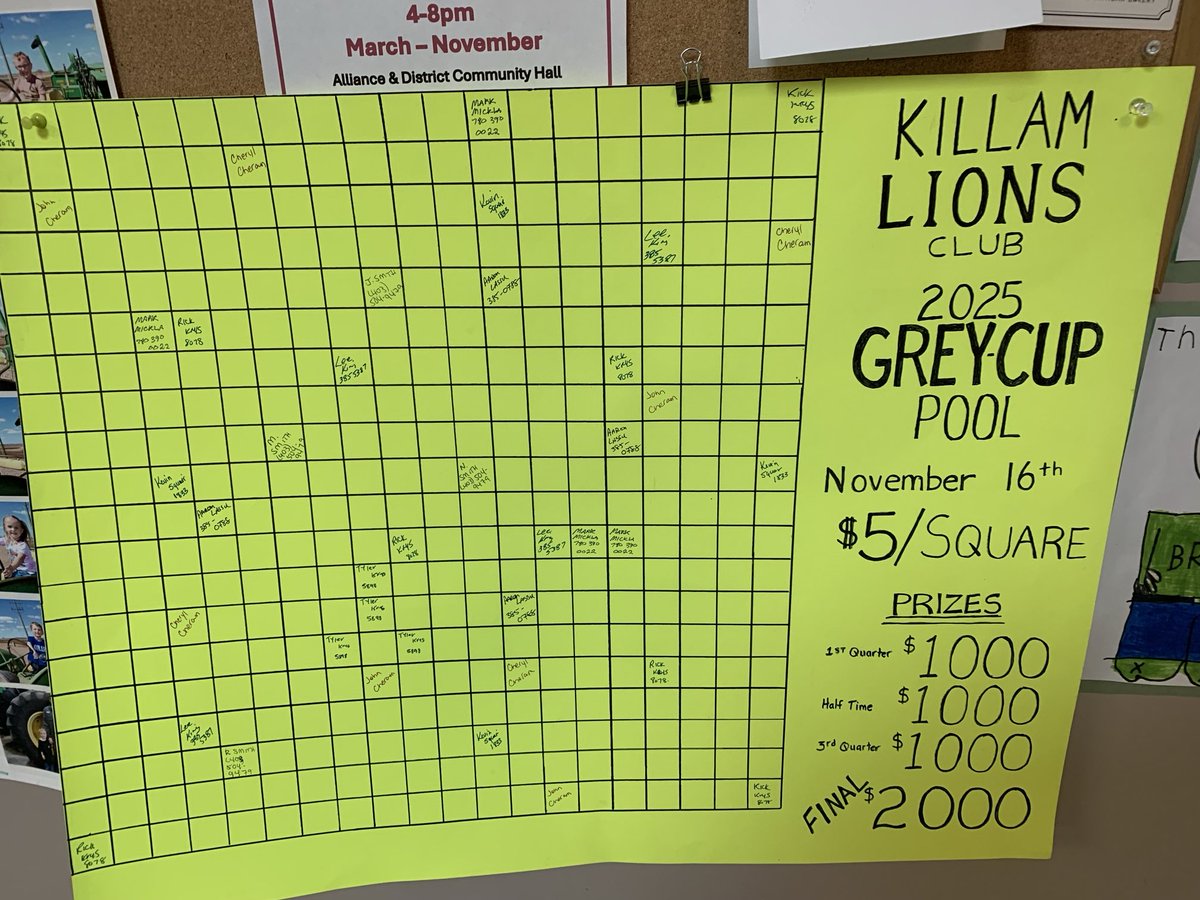 Killam Lions great Cup pool fundraiser five bucks a square if you’re interested, please text me at 780-385-8078