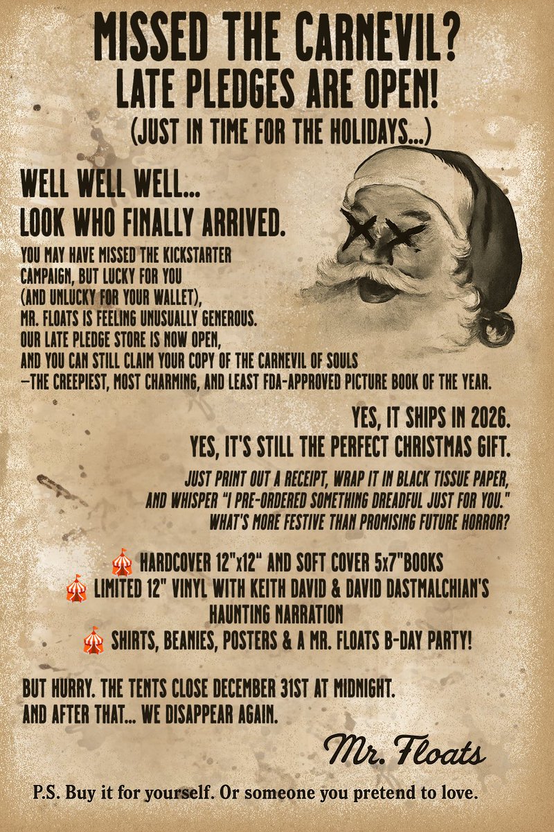 The Holiday Book Haunting is Here!

Backers rejoice: The CarnEvil of Souls is STILL accepting late pledges.
Missed the campaign? Lucky for you, late pledges are open until December 31st. 

Buy it now. Regret it in 2026.

Give horror this holiday. It lasts longer than socks.