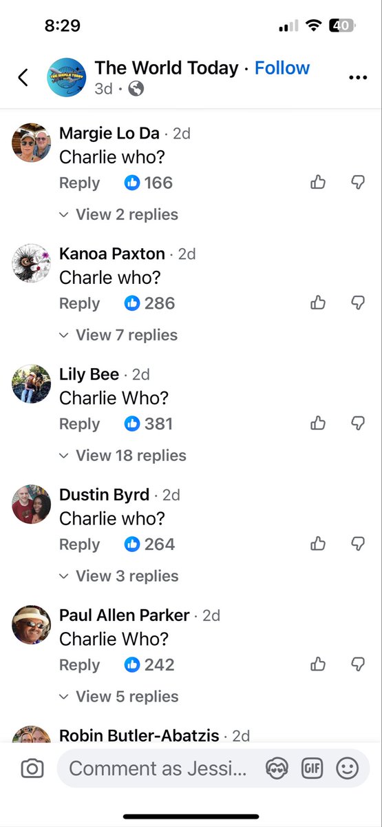 JessicaUSAF's tweet photo. The best and certainly most consistent response to a Charlie Kirk post I’ve seen.
The same response time after time. After time. After time. After time. #CharlieWho https://t.co/cmZ39CZWqQ
