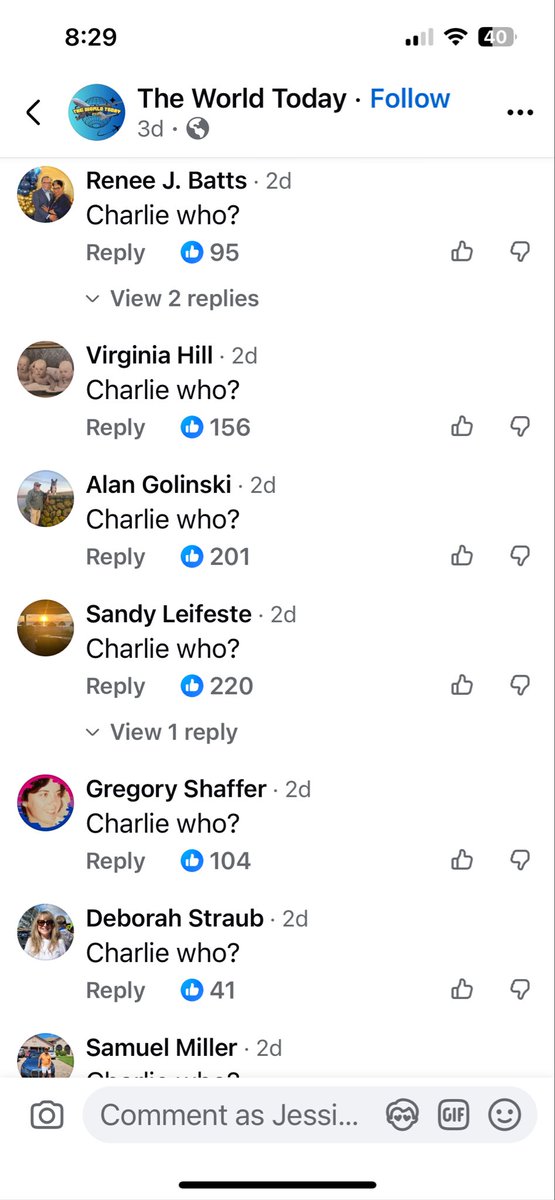 JessicaUSAF's tweet photo. The best and certainly most consistent response to a Charlie Kirk post I’ve seen.
The same response time after time. After time. After time. After time. #CharlieWho https://t.co/cmZ39CZWqQ