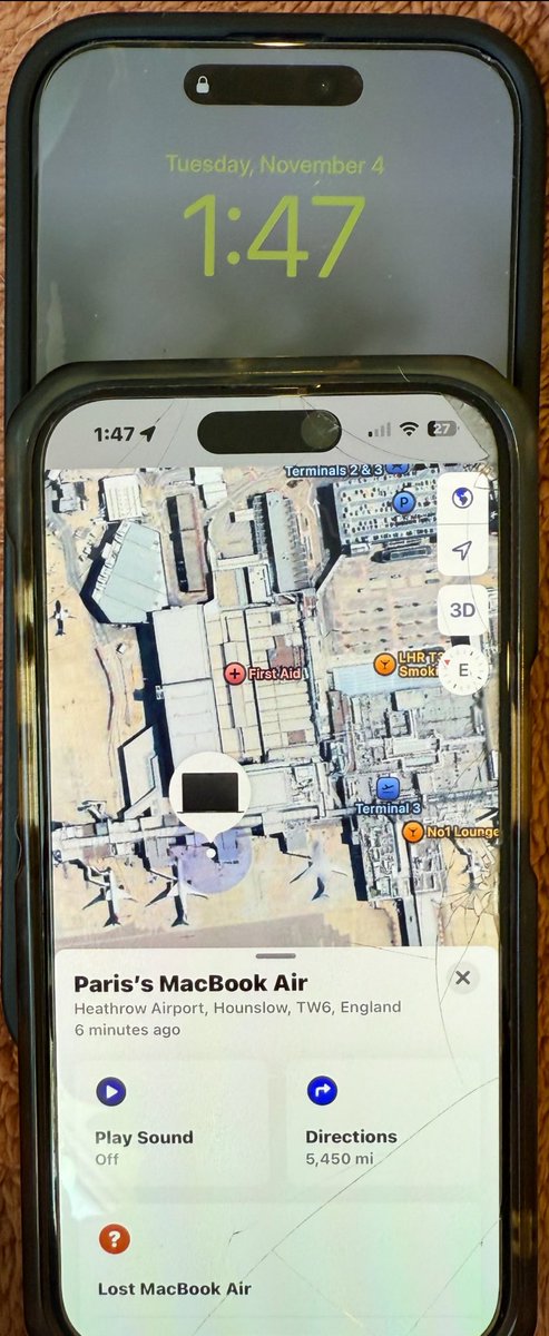 ParisLasek's tweet image. Imagine losing your MacBook on a @VirginAtlantic flight, watching it ping from @HeathrowAirport Terminal for days, listed as found on Heathrow’s site, and still being told it’s not in the system. I’m a full-time student with all my coursework and software on it. What a let down