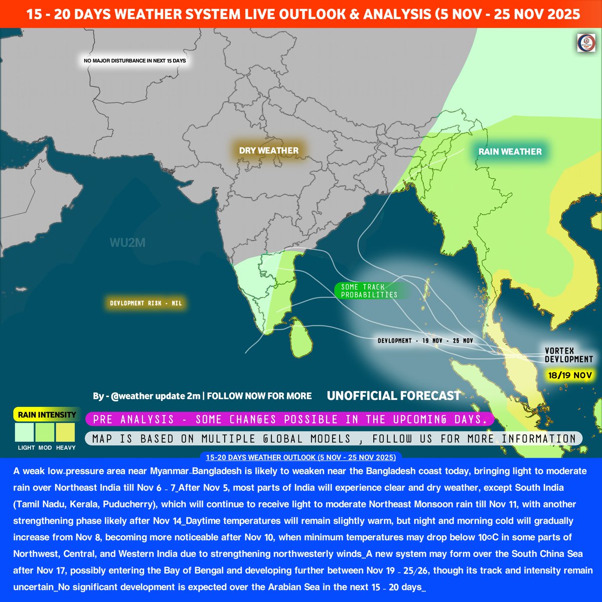 WeatherUpdate2m's tweet image. 🌪️New Weather System Brewing After Nov 17? New Low May Emerge in Bay of Bengal After 17 Nov🌊 Full Report Check Now 👇🏻 &amp;amp; Follow Us For More!

#Cyclone #Weather #WeatherUpdate #rain #Monsoon #patlama #LoveYourW #GraffxGULF #WINTER