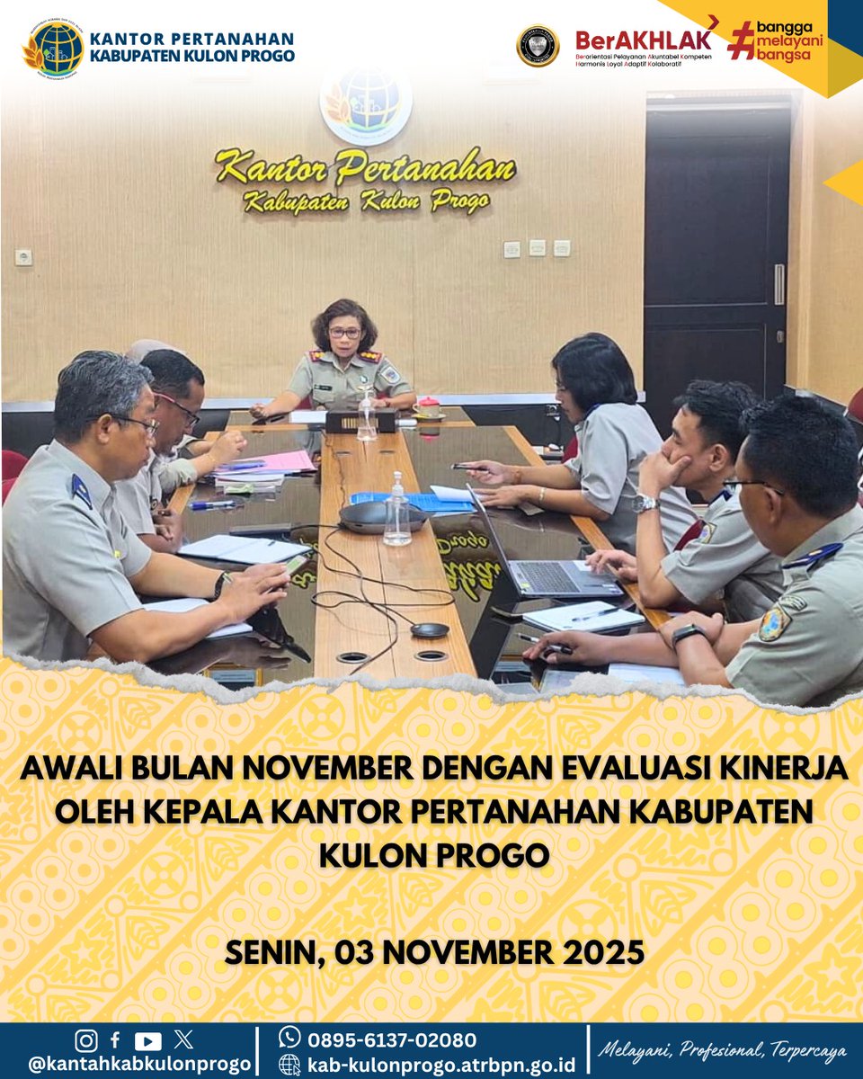 atr_bpnkprogo's tweet image. Halo #SobatATRBPNKulonProgo,

Kantor Kantor Pertanahan Kabupaten Kulon Progo menggelar Rapat Evaluasi dan Analisis Kinerja Program Tahun 2025 hari senin tanggal 4 November 2025.  

#KantahKulonProgo
#KementerianATRBPN
#ATRBPNKiniLebihBaik
#ATRBPNMajudanModern