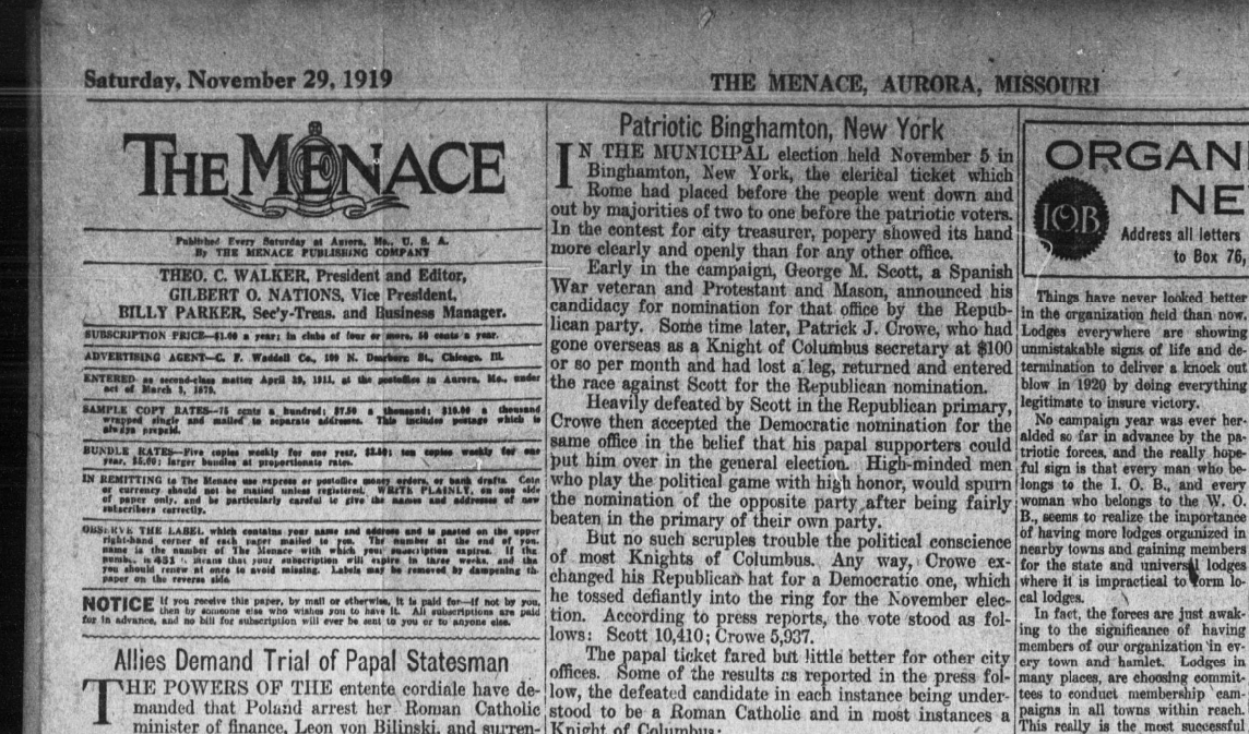 OZARKS HISTORY: Infamous anti-Catholic paper once required extra rail line. The role Aurora, Missouri, played in a 1920s battle. ky3.com/2025/11/05/oza…