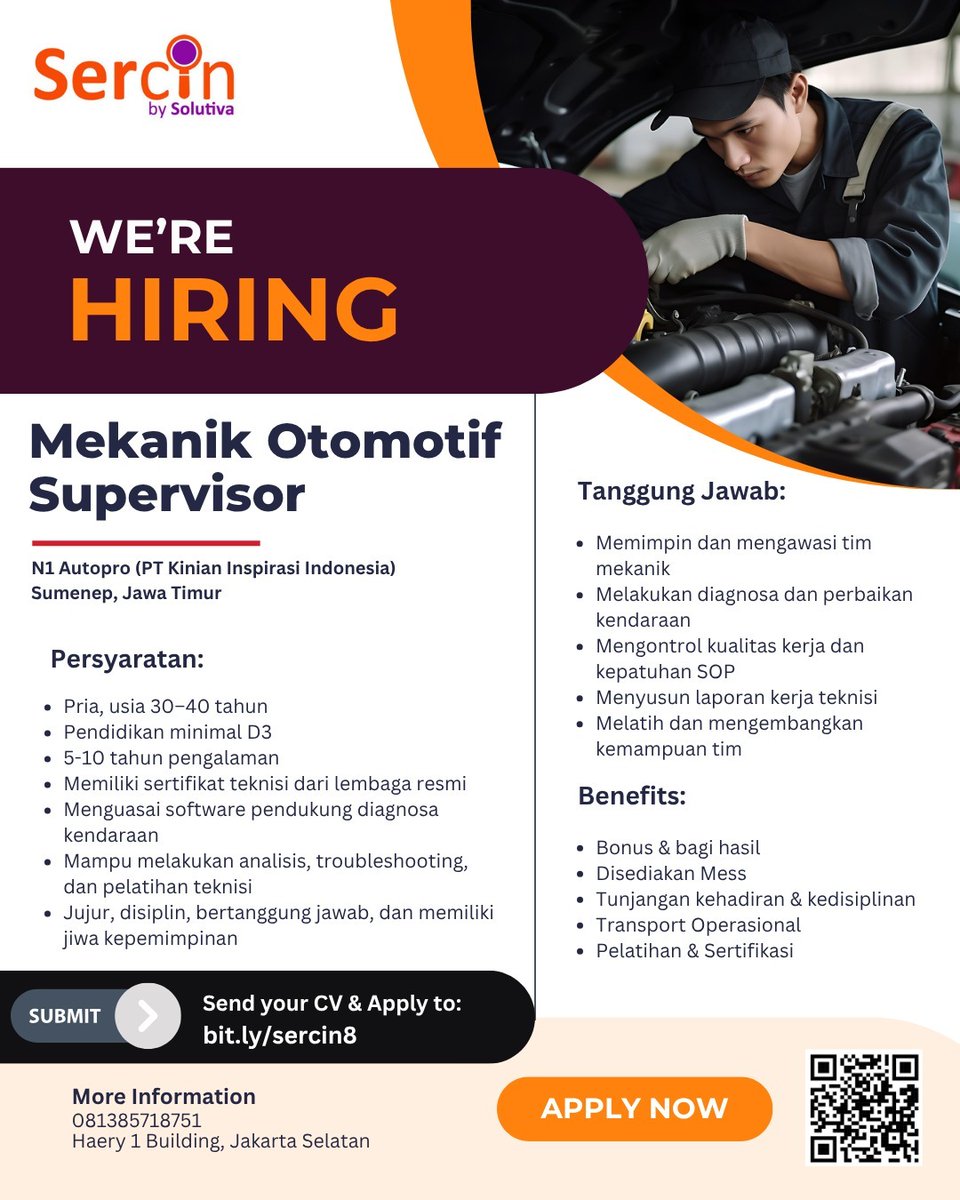 syigalo's tweet photo. LOWONGAN KERJA 
(SUMENEP, JAWA TIMUR)

*Mekanik Otomotif Supervisor*

💼 Benefit: Gaji kompetitif, bonus, mess, dan pelatihan

📩 Kirim lamaran ke: https://t.co/j5erw1D9np

#lokersumenep #lokermadura #lokerjatim #lokermekanik #otomotif #bengkel #mekanik https://t.co/4hpxzQdrw3