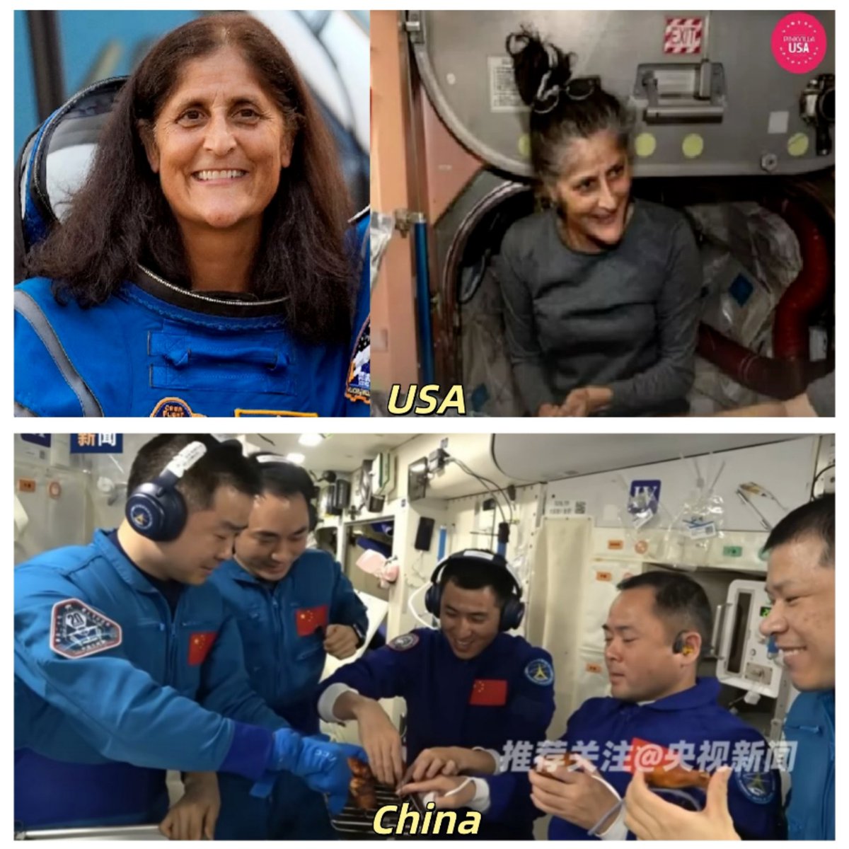 美国航天员：活着就好  😭

中国航天员：活着就要吃好 ☺️