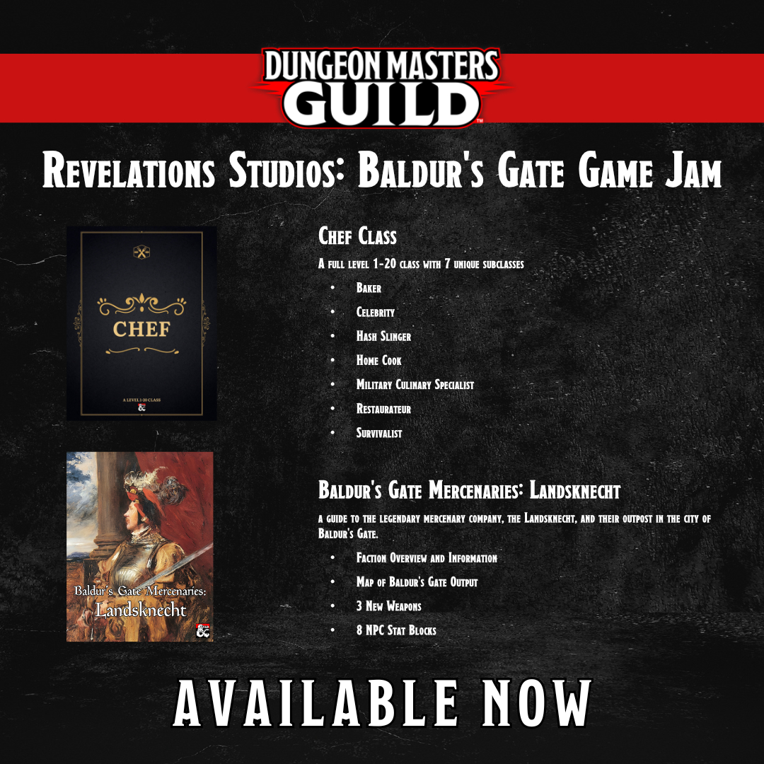 The Chef Class and Baldur’s Gate Mercenaries: Landsknecht are available now on DM's Guild!

dmsguild.com/en/product/542…

dmsguild.com/en/product/544…

#ttrpg #dungeonsanddragons <a href="/roll20app/">Roll20</a>