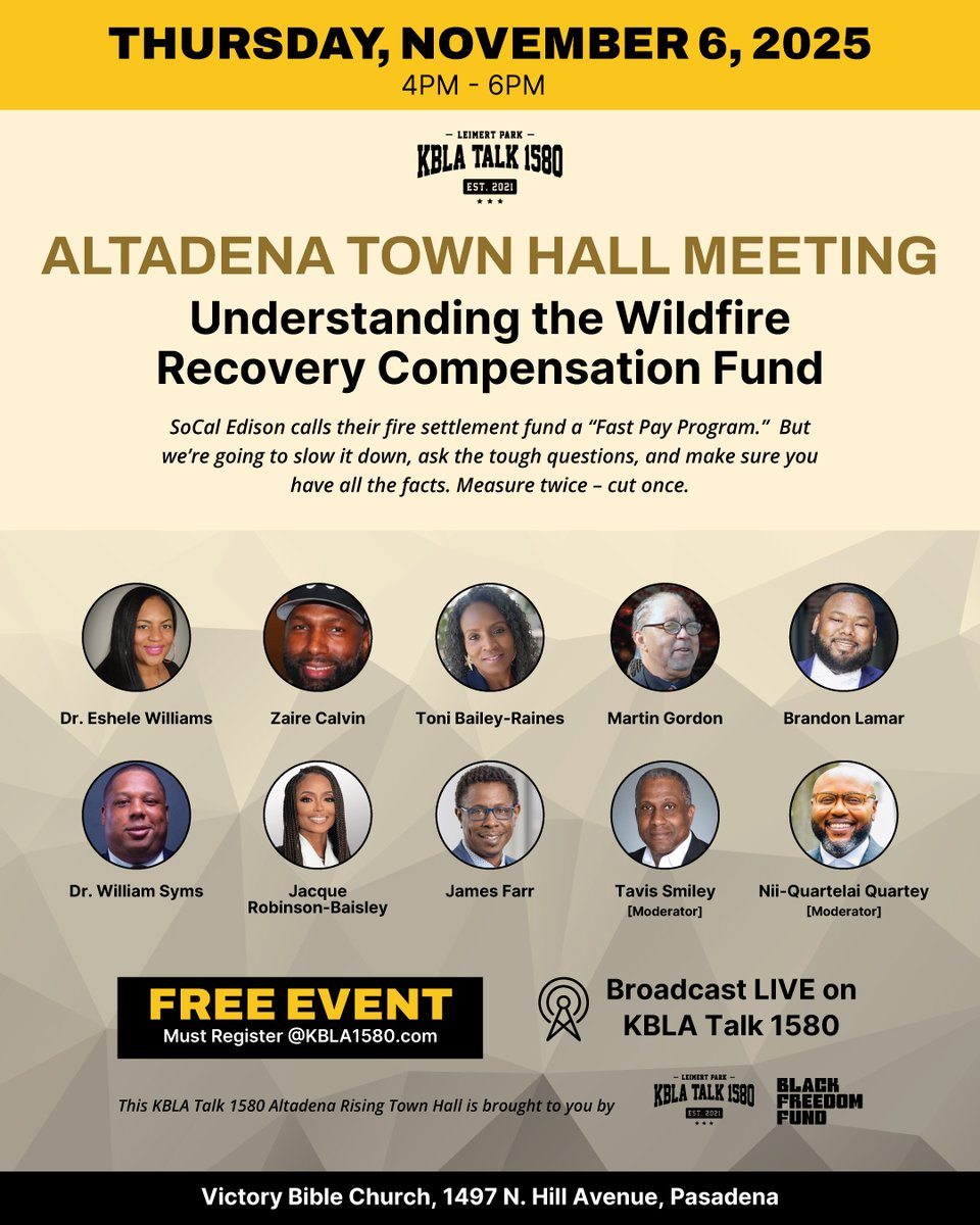 The Town Hall is still on!

 Join us for the Altadena Rising Town Hall this Thursday, Nov. 6th, 4–6PM

📍 Victory Bible Church, Pasadena
Free event — RSVP: kbla1580.com 
<a href="/jamesfarrlive/">James Farr LIVE 🎙 Conversation LIVE</a> <a href="/drniiquartelai/">Nii-Quartelai Quartey</a> <a href="/JacqueRobinson/">J. Robinson-Baisley</a> 

See flyer for full details. We'll see you there!