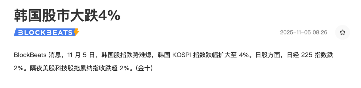 🧐 当大家都在喊利空的时候，市场正在酝酿新一轮‘坏消息免疫’——

11 全球都在跌，新高的日韩股票也跌，美股盘前也跌！

1️⃣关于降息：上周三美联储讲话，12 月降息似乎确定性又降了，暗示没有急于降息的必要。

2️⃣关于ETF 流出：上周比特币的美股 ETF 净流出 8.02 亿，11 月 3 日周一又净流出 1.8
