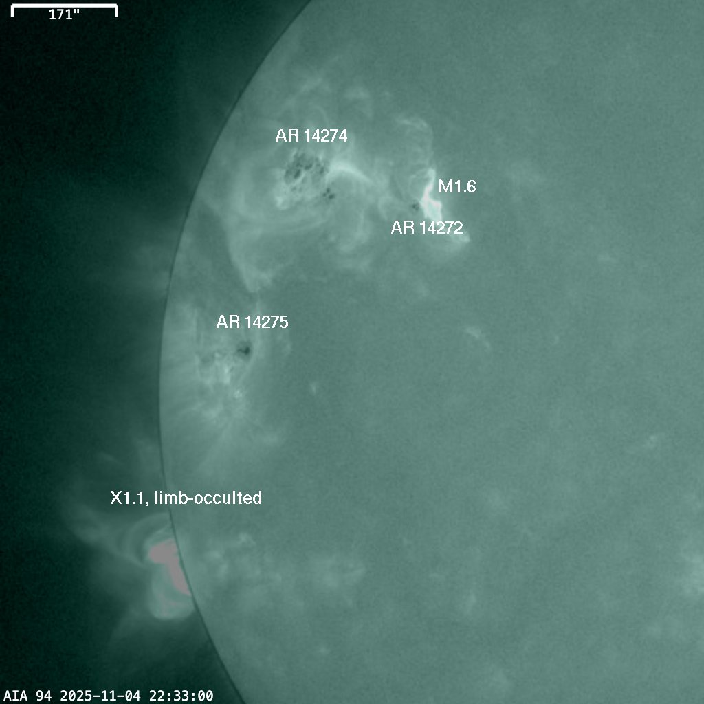 Yes, the second eruption was not in AR 14274, which was still a distance from the Earth Strike zone.  It was instead in AR 14272, which is a simple spot region.  Anyway, prediction of Earth-directed CMEs may depend on how the regions in this picture are magnetically connected.