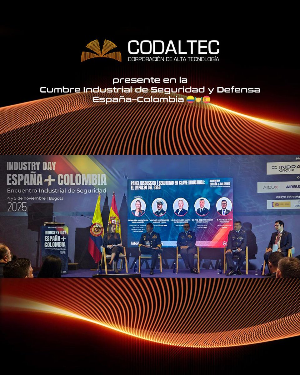 Codaltec's tweet image. CODALTEC presente en la Cumbre Industrial de Seguridad y Defensa España–Colombia 🇨🇴🤝🇪🇸

La Gerente, Coronel Nilssen Janeth Gutiérrez Suárez, participó como panelista en este importante escenario organizado por Grupo Metalia e Infodefensa, con el respaldo del Min. de Defensa.