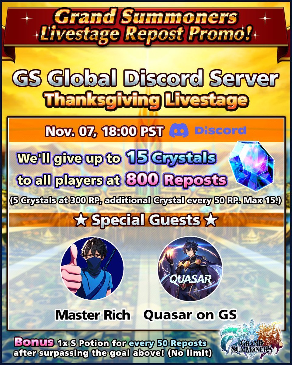 GRDSMN_GLOBAL's tweet image. The Grand Summoners Thanksgiving Discord Livestage will be held on 11/7, 18:00 PST!✨

Plus, a new promo is here to celebrate!

More reposts = more rewards!💎

discord.gg/grandsummoners

Plus, check out our guests below!