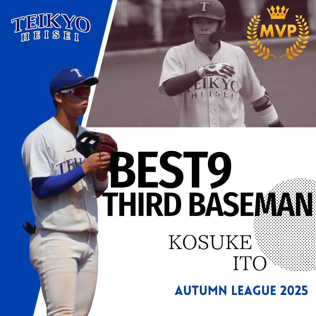 伊東 洸佑(3年･静清)が
最高殊勲選手[初]およびBEST9 三塁手[2]
の２タイトルを受賞いたしました🏅

🗣選手コメント
4年生のおかげでここまで来ることができたので、感謝の気持ちを持って神宮で全力でプレーします！

詳しくは連盟HPをご覧下さい。