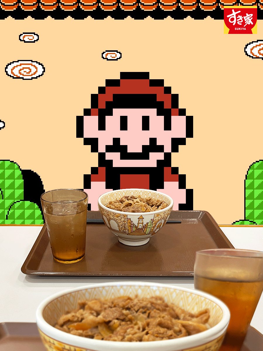 dsto3ds's tweet photo. @sukiya_jp Mario's eating Sukiya with me before he performs on stage. Wish him luck! https://t.co/KByrDlbLD6