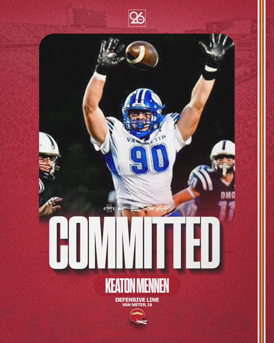 Keaton_Mennen's tweet image. Committed!!! After a lot of thought I’ve decided to continue my academic and athletic career to play football at Iowa State University! All Glory to God! Thanks to everyone who’s supported me along my journey!
@CycloneFB @VMFootball_ 
@CoachRasheed @ISUMattCampbell @DerekHoodjer