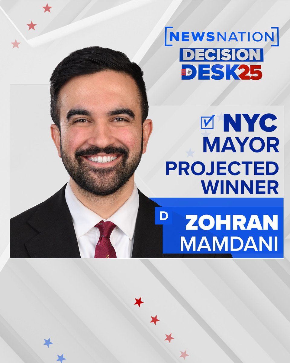 NewsNation's tweet image. NEW YORK CITY MAYOR RACE CALLED: Democrat @ZohranKMamdani is projected to win the New York City mayoral election, according to @NewsNation / @DecisionDeskHQ #Election2025 #NewYork Live Updates: newsnationnow.com/politics/novem…