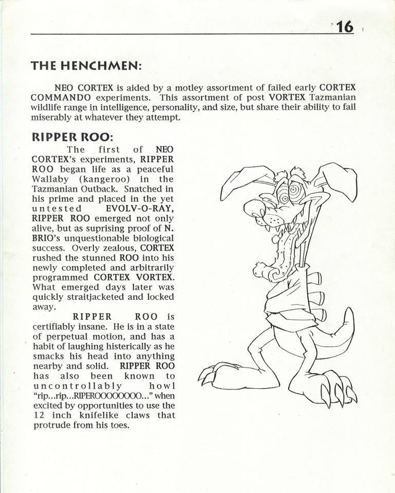 Design doc for Ripper Roo, for the original 'Crash Bandicoot'.