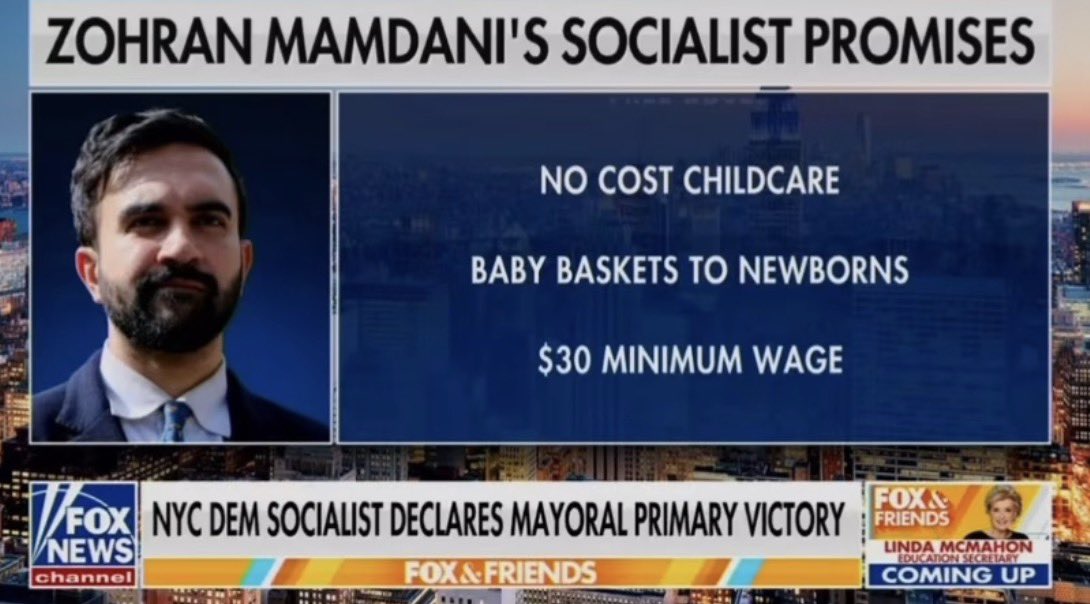 Fox News is so funny. Free childcare? Baby baskets for newborns? A livable minimum wage?! THE HORROR!!  #Election2025
