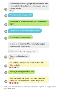 <a href="/bennyjohnson/">Benny Johnson</a> Benny you saw texts saying “I love Hitler,” “it was rape,” and “...goes to the gas chamber” — and your response was silence

So spare us your fake outrage.  You cheer for Nazis every election cycle and call it patriotism.  Russia must be paying overtime.