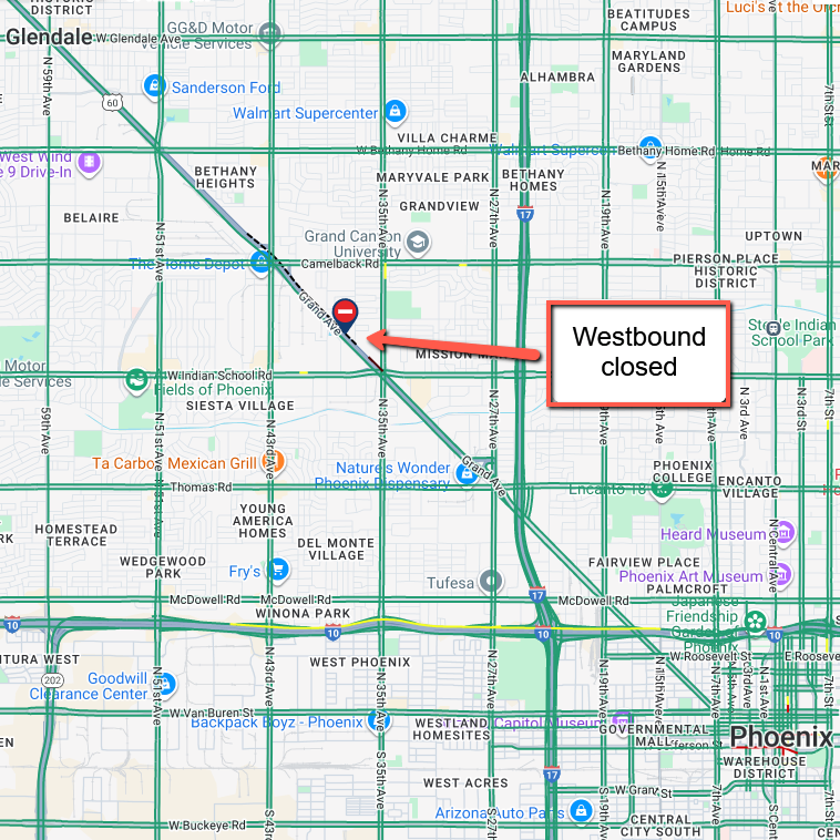 ArizonaDOT's tweet photo. *CLOSURE*

US 60 (Grand Ave) westbound is closed at 37th Ave due to a crash.

Expect delays. There is no estimated time to reopen.

For real-time traffic info, check https://t.co/l4s0AFGOpz and the AZ511 app:
📱 Apple: https://t.co/YMcnUEeWQs
📱 Android: https://t.co/9oINS4ymQP https://t.co/K5NH6oIL8j